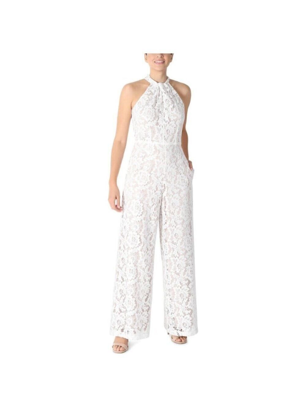 Julia Jordan Twist Neck Halter Jumpsuit with Pockets, Ivory-Lace 8 NWT